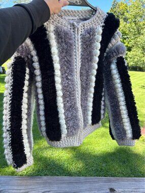 vintage Le Sweater 80s striped hand knit crochet cardigan sweater zipper women's